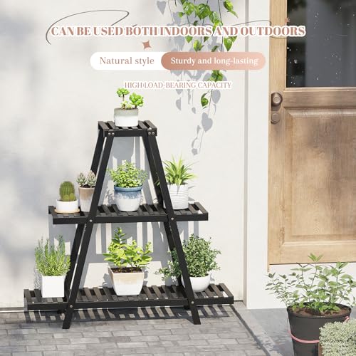 STDDRE Plant Stand For Indoor Outdoor Tiered Plant Shelf 3 Tier 8 Potted Bamboo Flower Holder Ladder Rack For Multiple Triangle Table Plant Pot Stand (Black) - color: Black