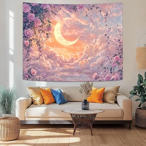 Wegklazax Pastel Rose and Moon Tapestry, Romantic Cloudscape Wall Art for Room Decor, Dreamy Floral Aesthetic Home Decor 80" L x 60" W - color: Purple Yellow, size: 80"L x 60"W