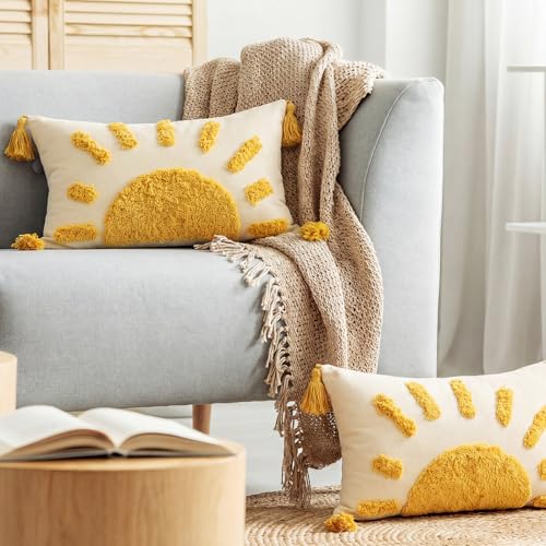2 Pcs Sun Tufted Lumbar Pillow Cover 12x20 Inch Boho Velvet & Canvas Throw Pillow with Tassels, Yellow Cream Decorative Accent Pillows for Bed, Couch, Living Room & Farmhouse Decor - style: Small Sun