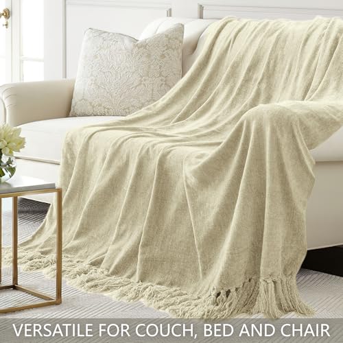 Chenille Throw Blanket for Couch 60"X 80" Twin, Soft Cozy Throws with Fringe Tassel for Bed Sofa Chair Cover, Lightweight Knitted Decorative Boho Blankets for Living Room, Light Beige - color: Light Beige, size: 60x80 inch