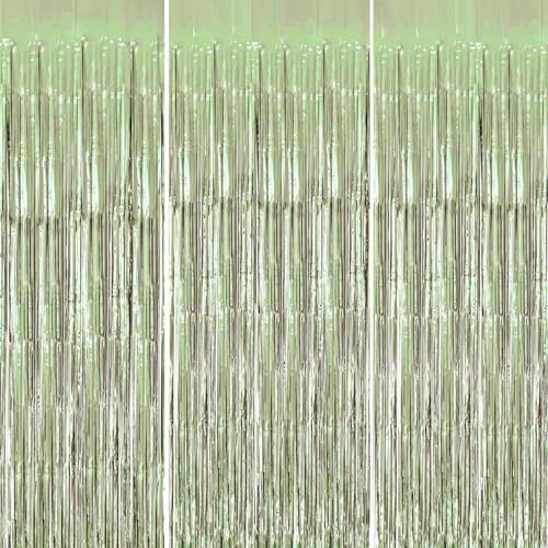 DECOCKRAT 3 Pack Foil Fringe Backdrop - Light Green Shiny Tinsel Curtains for Party Decoration/Photo Booth Props - 3.3x8.2 FT Metallic Foil Backdrop for Birthday, Wedding, Graduation, Christmas - color: Light Green