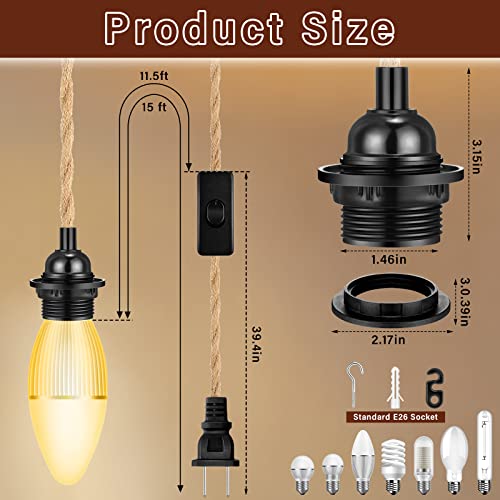 6 Pcs 15 Ft Pendant Light Cord lamp kit Vintage Ceiling Hanging Lights with Plug in Cord with Twisted Nylon Rope with Switch E26 Socket for Kitchen Farmhouse Bedroom DIY Decor