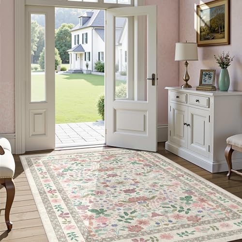 Deerly Floral Area Rugs 4x6 Washable Living Room Bedroom Carpet Vintage Boho Thin Non-Slip Soft Low Pile Floor Mat Indoor Home Decor for Dining Room Playroom Farmhouse, Beige/Light Pink/Multi - color: Beige/Light Pink/Multi, size: 4' x 6' (Rectangular)