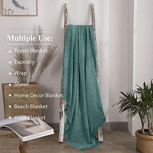 Simple&Opulence 100% Cotton Throw Blanket for Bed, Couch, Boho Luxury Geometric Knit Woven Blanket with Tassels Soft Lightweight Cozy Breathable, Vintage Farmhouse Decoration for All-Season(Green) - color: Dark Green