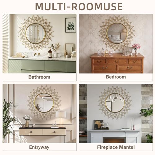 Gold Sunburst Round Wall Mirror 36", Decorative Circle Metal Frame Mirror, Large Decorative Circular Mirror for Living Room Wall Decor - color: Sunburst - 36"l X 36"w