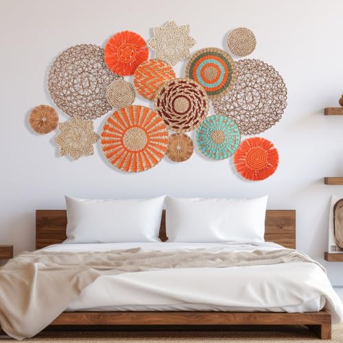 Anglechic 15 Pcs Boho Wall Basket Decor Woven Rattan Seagrass Wall Decor Hanging Rustic Farmhouse Western Art Decoration for Nursery Living Room Bedroom Home Kitchen(Orange Style) - style: Orange Style