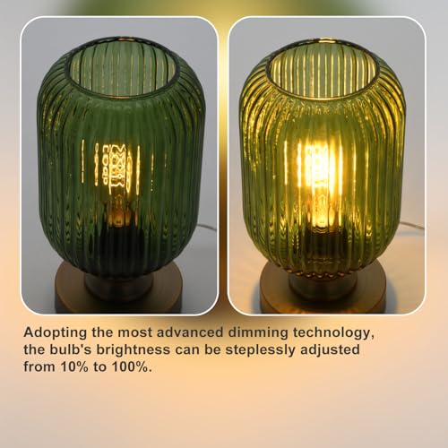Mid Century Glass Table Lamp,Dimmable Desk Lamp,LED Bulb Included,Touch Control & USB A+C Port,Green Ribbed Glass - color: Green Ribbed, size: USB + Touch