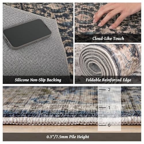 Washable 4x6 Rugs for Living Room, Boho Non-Slip Vintage Distress Small Rugs for Bedroom Nursery Office, 0.3" Neutral Oriental Throw Thin Carpet with Cushioning Pad,Black/Blue/Multi,A1 - color: Black/Blue/Multi, size: 4' x 6' (Rectangular)