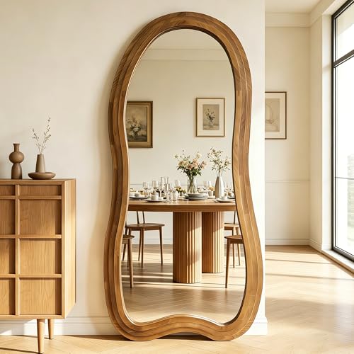 Large Irregular Floor Mirror, 67"x31.5" Organic Shape Mirror with Triple-Layer Solid Wood Frame, Asymmetrical Full Length Mirrors for Entryway Living Room Bedroom Hallway, Leaning/Hanging - color: Natural, size: 67"L x 31.5"W