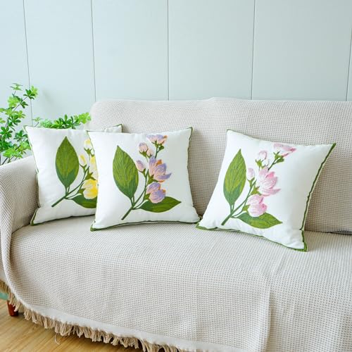 vctops Farmhouse Hibiscus Flowers Cotton Tufted Throw Pillow Cover Spring Floral Embroidery Pillowcase Soft Square Cushion Case for Sofa Couch Bed Chair (Pink Purple,18"x18") - color: Pink Purple