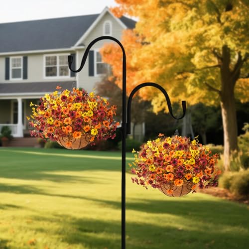 Artificial Fake Hanging Baskets Fall Flowers for Outdoors Decoration, Faux Silk Mums Plants UV Resistant Look Real Outside Yard Patio Front Porch Garden Balcony Home Autumn Decor (Orange Yellow Brown) - color: Orange Yellow Brown