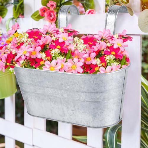 OBTANIM 4 Pack Metal Hanging Flower Pots Iron Railing Planter Outdoor Fence Hanging Pots Bucket Plant Holder with Detachable Hooks Drain Holes for Home Garden Yard Decor (Silvery) - color: Silvery