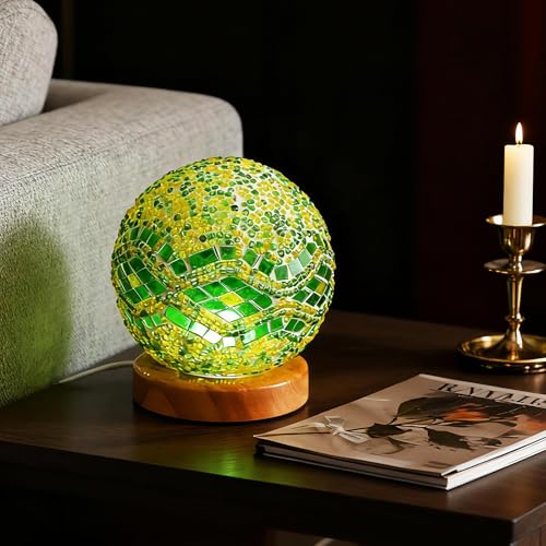 Mosaic Glass Table Lamp Spherical Decorative Light Stained Glass Lamps with Wooden Base for Art Studio Zen Space Living Room Decor Unique Holiday Gift(Baroque B - Green, Baroque) - style: Baroque B Green