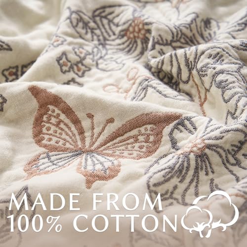JINCHAN Boho Floral 100% Cotton Blanket 4-Layer Throw Blanket with Tassel Taupe and White Flower Butterfly Soft Luxury Rustic Farmhouse Decor Blanket for Couch Bed 60x80 inch All Season gift for women - color: Butterfly Taupe and White, size: 60"x80"