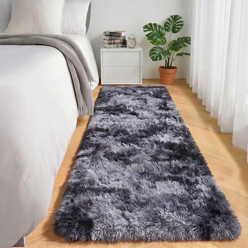 ONASAR Runner Rugs for Bedroom Living Room, Fluffy Tie-Dyed Dark Grey 2x6 Bedside Hallway Area Rug, Ultra Soft Plush Furry Faux Fur Non Slip Floor Carpet for Nursery Kids Dorm Closet Home Decor - color: Tie-dyed Dark Grey, size: 2' x 6' (Runner)