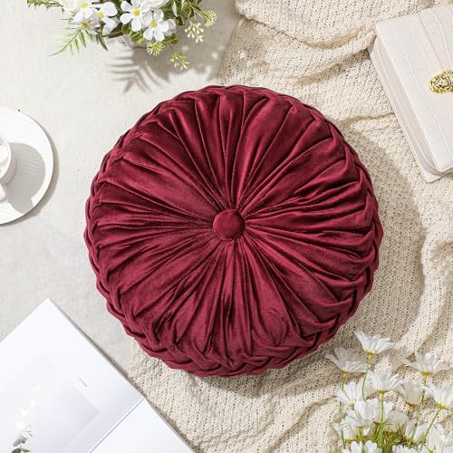 Drydiet 1 Pcs Round Throw Velvet Pillows Decorative Pleated Throw Pillows Diameter Accent Pumpkin Boho Chair Cushion for Couch Sofa Home Decoration (Burgundy,15'') - color: Burgundy, size: 15''