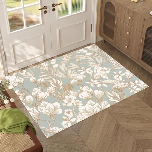 Printed Indoor Boho Area Rug - Non Slip, Ultra Thin, Printed Rug - Home Décor for Entryway, Bedroom, Living Room - 1.5 x 2.5ft, Flora Multi - color: Muted Olive and Warm Beige, size: 1.5 x 2.5ft / 18 x 30in / 45 x 75cm