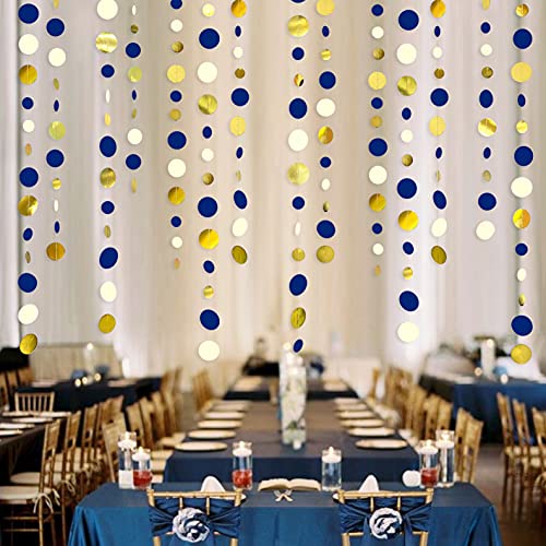 46 Ft Navy Blue and Gold Circle Dots Garland Royal Blue Hanging Paper Polka Dot Streamer for Birthday Wedding Bridal Baby Shower Graduations Nautical Ahoy Achor Pirate Theme Party Decorations Supplies - color: Blue Gold