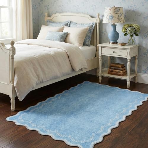 GarveeHome 3x5 Scalloped Washable Area Rug for Bedroom,Soft Solid Blue Entryway Rug Non Slip Low Pile Carpet Stain Resistant Throw Rug for Bedside Kids Room Office Dining Room - color: Baby Blue, size: 3' x 5' (Rectangular)