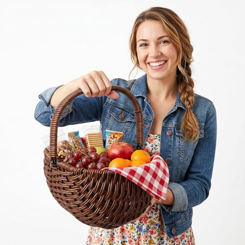 Healifty Rattan Flower Basket with Handle 9.84X9.64X7.48In Vintage Handwoven Small Wicker Basket for Picnic Hamper Fruit Storage Kitchen Organizer and Wall Hanging Decor