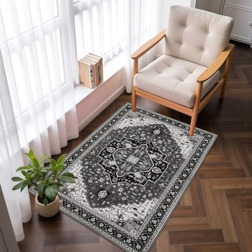 Macgace 2x3 Black Grey Small Area Rug for Entryway, Soft Washable Rugs with Non-Slip Backing for Bedroom Kitchen, Vintage Throw Carpet Laundry Entry Front Door Decor - color: Black & Grey, size: 2' x 3' (Rectangular)