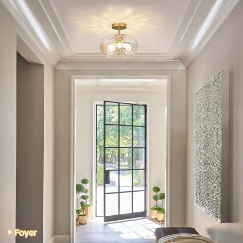 12" Iridescent Rainbow Hammered Glass Ceiling Light, 3-Light Semi Flush Mount Fixture, Modern Gold Lighting for Bedroom, Hallway, Kitchen, Dining Room, Living Room, Foyer - color: Iridescent
