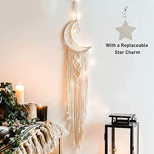 Boho Macrame Woven Wall Hanging, Crochet Crescent Moon Star Dream Catcher with Long Tassel- White Cotton Handmade Bohemian Home Decor Decoration Art Craft for Kids Bedroom Dorm Room - color: Cream White, size: Without Light