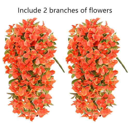 Bougainvillea Artificial Flowers Plants for Outdoors Outside Fall Autumn Decor, 2 pcs Faux Silk Long Trailing Vines UV Resistant Look Real Orange Fake Flowers for Front Door Porch Planter Urn Patio - color: Fall Orange
