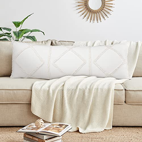Bohemian Boho Chic Ivory Macrame Tufted Tassel Accent Decorative Couch Long Throw Zipper Body Pillow Cover Case 54x20 Solid Cream Textured Minimalist Off White Cotton Fringe Farmhouse Indie Room Decor - color: Ivory Geometric Tuft