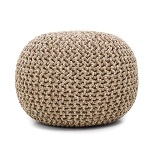 REDEARTH · Round Pouf Ottoman - Hand Knitted Cable Boho Poof Home Décor Pouffe Circular Footrest for Living Room - Nursery - Bedroom - Lounge 100% Cotton (18”x18”x14”) - Beige Ivory, Set of 2 - color: Circular Beige Ivory-s, size: 18"Dx18"Wx14"H