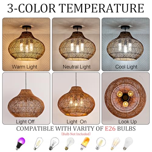 3-Light Dark Brown Rattan Pendant Light,18.9" Rustic Hanging Light,Round Curry Wicker Pendant Light Hand-Woven Rattan Chandelier for Workplace Dining Living Bedroom Kitchen Farmhouse - color: Brown, size: 18.9" 3-Light