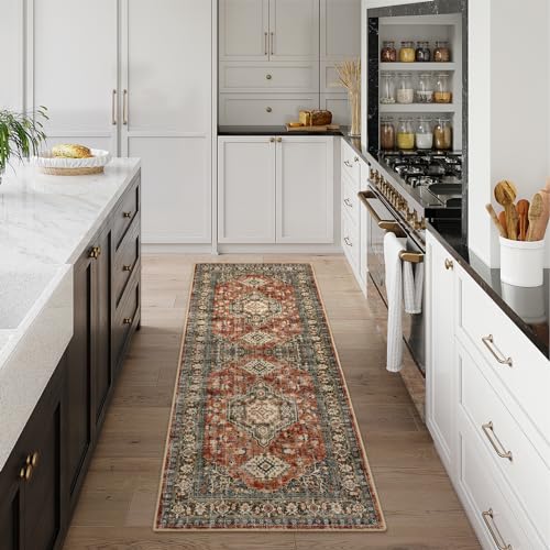Lahome Oriental Kitchen Runner Rug Non Slip, 2x5 Washable Hallway Runner with Rubber Backing, Vintage Hallway Rug Ultra-Thin Soft Carpet for Bedroom Bathroom Eleanor, Brick Red - color: Brick Red, size: 2' x 5' (Runner)
