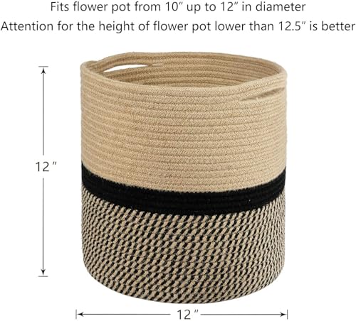 TIMEYARD Sturdy Jute Rope Plant Basket Modern Woven Basket for 11" Flower Pot Floor Indoor Planters, 12'' x 12'' Storage Organizer Baskets Rustic Home Decor, Black and Beige Stripes - color: Black and Jute, size: 12" x 12"
