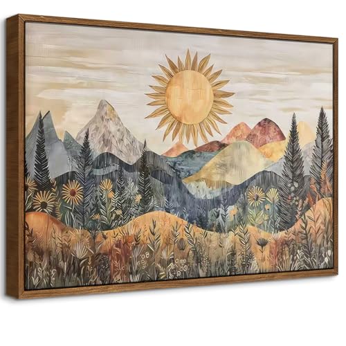 Framed Mountain Landscape Wall Art Boho Floral Sunrise Forest Cava Painting Modern Nature Wilderness Pine Tree Field Poster Rustic Wildflower Scenic Picture Decor for Living Room Bedroom 16x24 Inch - size: 16"L x 24"W