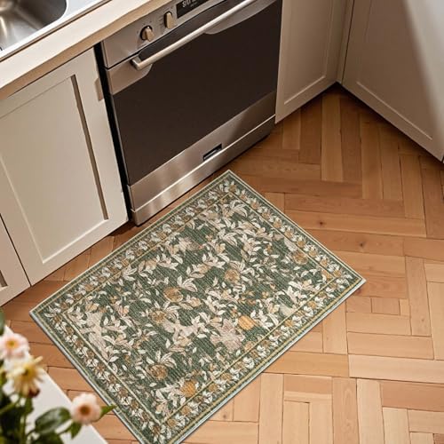 jinchan Eden Floral Area Rug 2x3 Entryway Vintage Washable Indoor Doormat Accent Rug Lightweight Soft Small Non-Slip Low Pile Distressed Green Carpet for Entrance Kitchen Bedroom Bathroom - color: Eden Green, size: 2' x 3' (Rectangular)