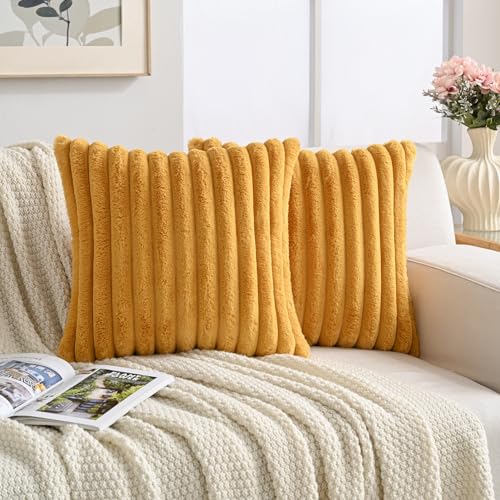 Volcanics Set of 2 Faux Fur Plush Decorative Throw Pillow Covers 18x18 Inches, Striped Cushion Cases Soft Fluffy Accent Pillowcases for Sofa, Couch and Bed, Mustard Yellow - color: Mustard Yellow, size: 18" x 18" (Pack of 2)