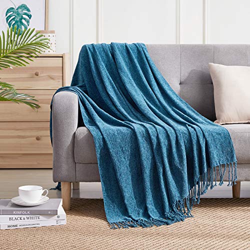 BOURINA Chenille Throw Blanket with Decorative Fringe for Couch Sofa Chair Blanket (50x60 Inches) Dark Blue - color: Dark Blue, size: 50"×60"