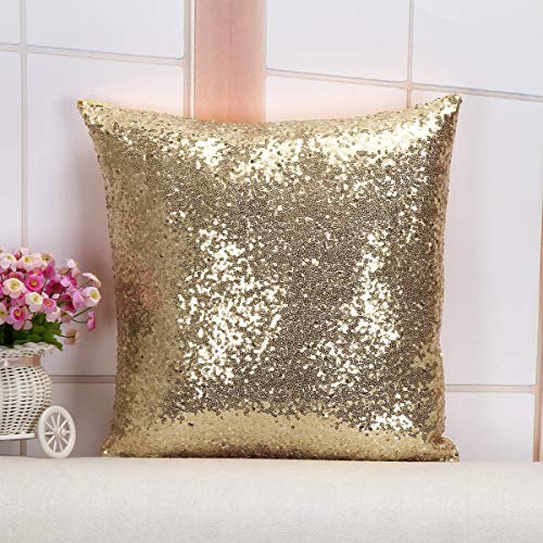 ShinyBeauty 12x12 Inch Champagne Gold Sequined Pillow Cover - Sparkling Throw Cushion for Sofa, Bed, Living Room & Bedroom, Luxury Glitter Decorative Home Decor - color: Champagne Gold, size: 12" x 12" (Pack of 1)