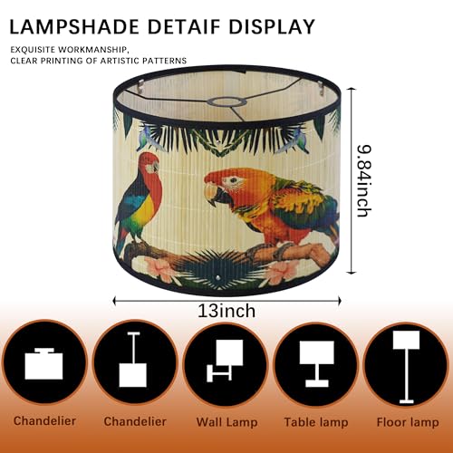 Bamboo Lamp Shade With Tropical Plants Chandelier Covers, Bohemian Farmhouse Drum Lamp Shade for Table Lamp Floor Lamp, Rustic Rattan Light Fixture for Bedroom Living Room (13x13x10 inch) - color: color6, size: 13*10