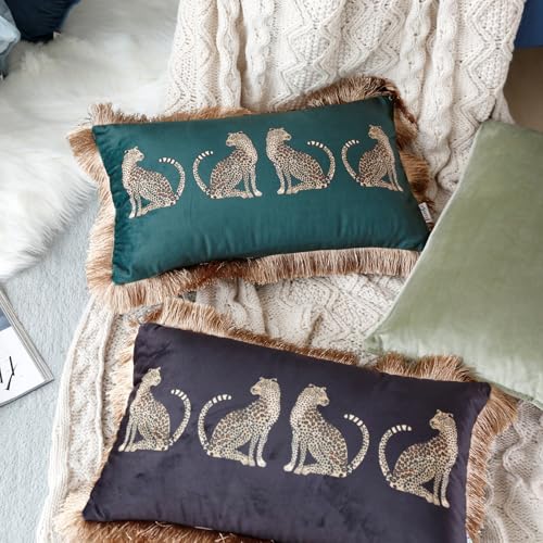 Lumbar Decorative Throw Pillow Cover with Tassels Leopard Pattern Cushion Cover Luxury Style Soft Velvet Pillowcase for Sofa Couch Bedroom (12"x20",Dark Green) - color: Dark Green, size: 20" x 12" (Pack of 1)