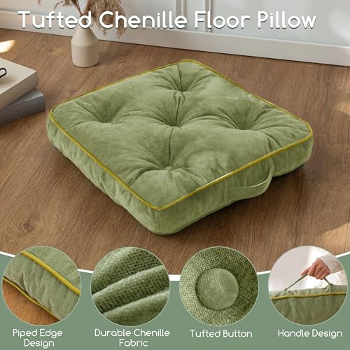 HIGOGOGO Large Floor Pillow Cushion for Adults, Meditation Cushion Pillow with Handle, Lustrous Chenille Tufted, Square Floor Sitting for Tatami Living Room or Yoga, 22x22 Inch, Green - color: Square Green, size: 4" Thick(Pack of 1)