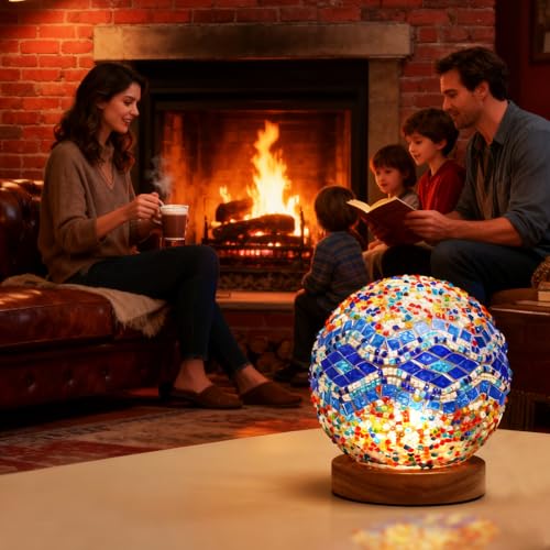 Vintage Turkish Table Lamp Mosaic Glass Light with Wooden Base 5V USB Power Tiffany Bedside Lamps for Living Room Decoration Meditation and Prayer Lighting (Baroque A - Blue, Baroque) - style: Baroque A Blue