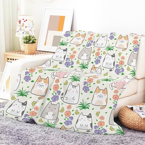Throw Blanket for Couch, 300GSM Warm Soft Cozy Flannel Blanket, Cute Blanket for All Seasons Bedroom Home Decor Gifts, Cute Flower Cats 50x60 Inches - color: Cute Flower Cats