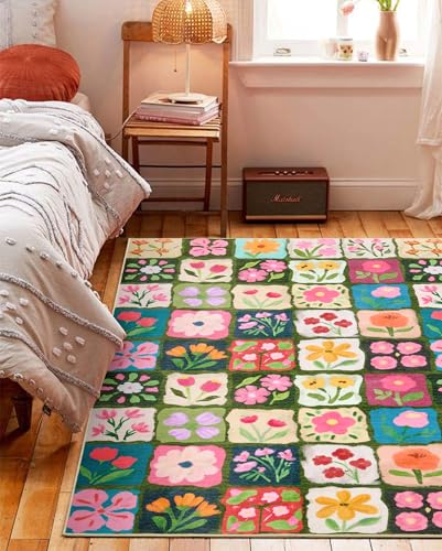 Vintage Floral Entryway Rugs Non Slip, Thin Spring Country Colorful Flowers Botanical Indoor Carpet Washable, Cute Boho Aesthetic 3x5 Small Area Rugs for Kitchen Bedroom Dorm Bathroom - color: Multicolored, size: 3'x5'
