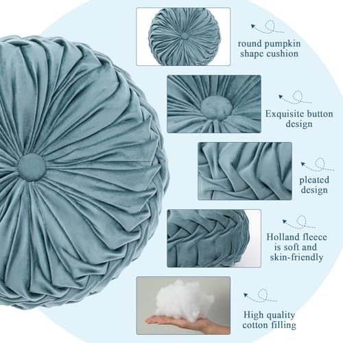 Drydiet 1 Pcs Round Throw Velvet Pillows Decorative Pleated Throw Pillows Diameter Accent Pumpkin Boho Chair Cushion for Couch Sofa Home Decoration (Dusty Blue,15'') - color: Dusty Blue, size: 15''