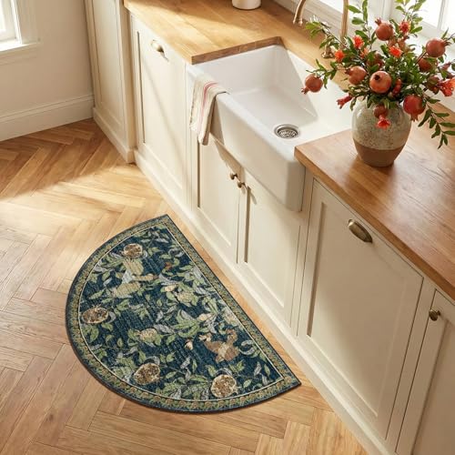 jinchan Eden Botanical Vintage Washable Small Area Rug, 2x3 Half Circle Floral Entryway Rug, Low Pile Soft Non Slip Doormat Dirt Trapping Carpet for Entrance Kitchen Bathroom Vanity, Blue - color: Eden Dark Blue, size: 1'9" x 3' (Semicircular)