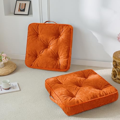 HIGOGOGO Large Floor Pillow Cushion for Adults, Meditation Cushion Pillow with Handle, Lustrous Chenille Tufted, Square Floor Sitting for Tatami Living Room or Yoga, 22x22 Inch, 2Pack, Orange - color: Square Orange, size: 4" Thick(Pack of 2)