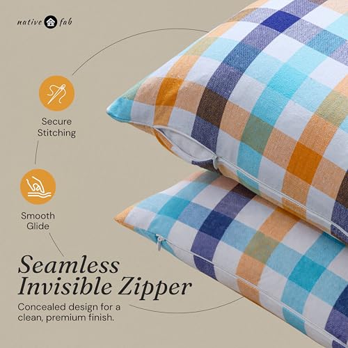 Native Fab Throw Pillow Covers 2 Pack, 12x20 Inches, 100% Cotton, Summer Plaid Design, Bright Decorative Lumbar Cushion Cases, Cheerful Decor for Sunroom, Sofa, Couch, Riviera Blue & Sunflower - color: Gingham Riviera Blue & Sunflower Plaid, size: 20" x 1