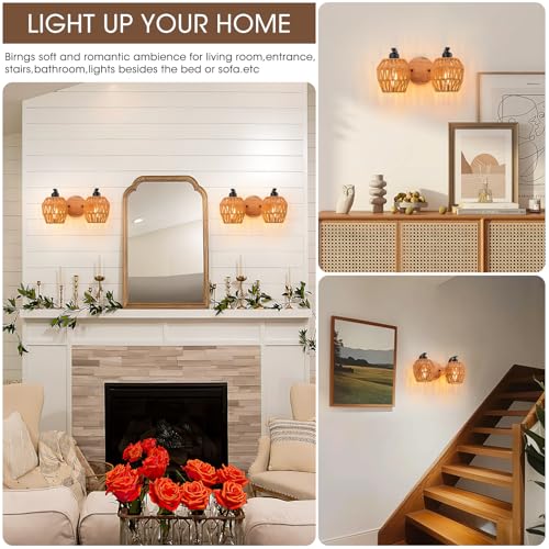 2-light Bathroom Lights Over Mirror,Rattan Vanity Light Fixtures,Farmhouse Boho Wall Sconce with Woven Cage,Rustic Boho Wall Mounted Light Wooden Vanity Lighting for Bedroom Living Room Hallway Foyer - color: 2light-Drum shade