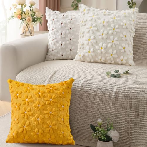 DFXSZ Spring Summer Pillow Covers 16x16 inch Set of 2 Farmhouse Decor White Flower Heart Daisy Soft Plush Faux Fur Jacquard Throw Pillows for Bedroom Sofa Holiday Spring Summer Home Decor PTK024AY16 - color: Yellow Daisy, size: 16" x 16" (Pack of 2)